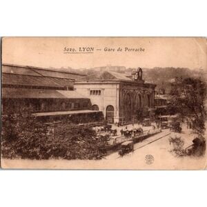 Vintage Lyon Gare de Perrache French Postcard Sepia Train Station